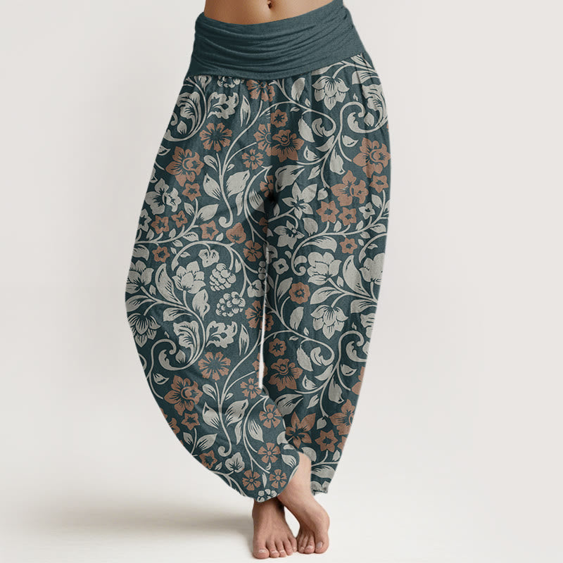 Pantalones harén de cintura elástica para mujer con ramas entrelazadas y pequeñas flores y Buddha Stones - Verde azulado - US22，UK/AU26，EU54 (6XL) - image 4