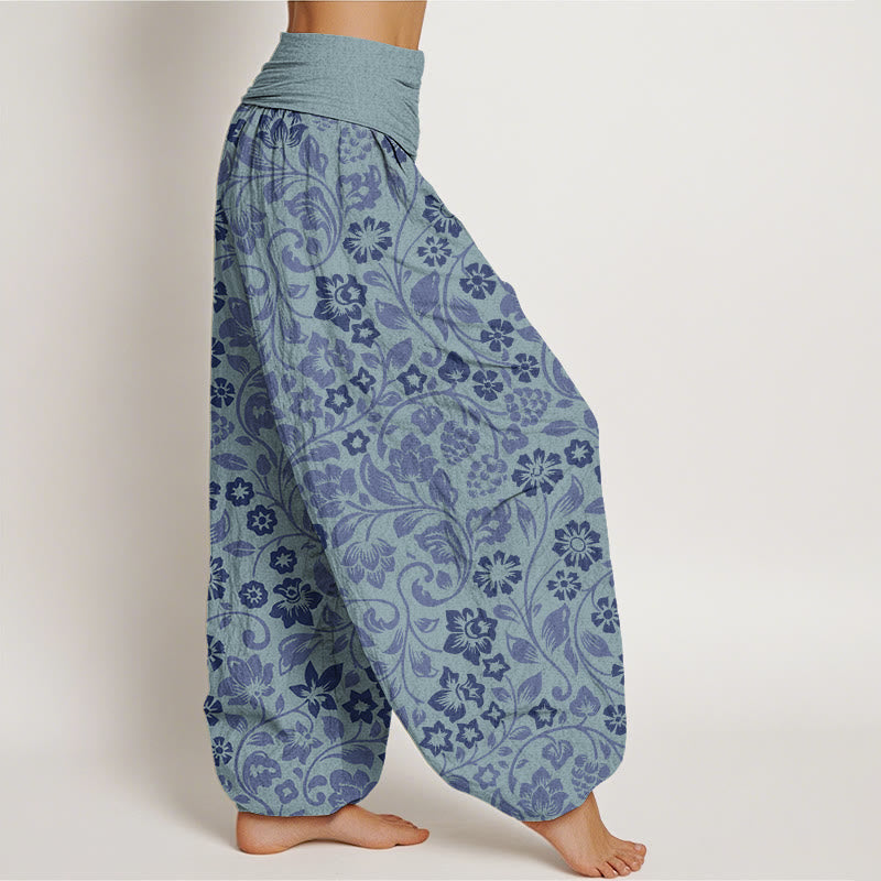 Pantalones bombachos de cintura elástica para mujer con estampado de pequeñas flores y ramas entrelazadas de algodón con Buddha Stones - image 8