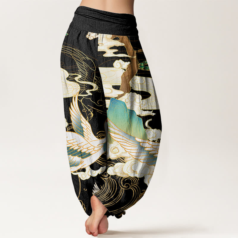 Pantalones bombachos de cintura elástica para mujer con estampado de Buddha Stones, grullas voladoras de algodón, nubes auspiciosas y árbol. - image 2