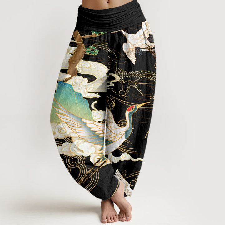 Pantalones harén de cintura elástica para mujer con diseño de grullas voladoras, árboles de nubes auspiciosas y Buddha Stones - Negro - US22，UK/AU26，EU54 (6XL) - image 1