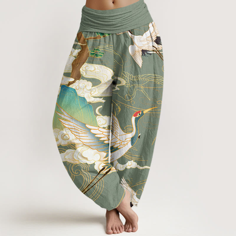 Pantalones harén de cintura elástica para mujer con diseño de grullas voladoras, árboles de nubes auspiciosas y Buddha Stones - Verde mar oscuro - US22，UK/AU26，EU54 (6XL) - image 5