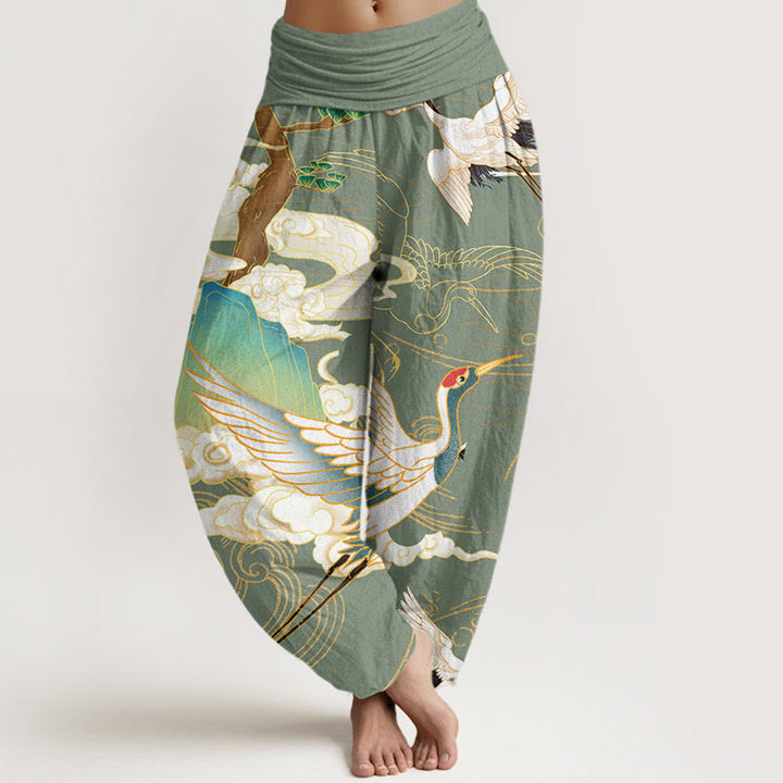 Pantalones harén de cintura elástica para mujer con diseño de grullas voladoras, árboles de nubes auspiciosas y Buddha Stones - Verde mar oscuro - US22，UK/AU26，EU54 (6XL) - image 5