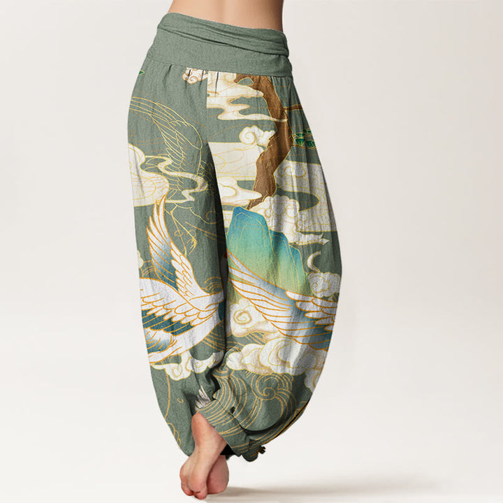 Pantalones harén de cintura elástica para mujer con diseño de grullas voladoras, árboles de nubes auspiciosas y Buddha Stones - image 7