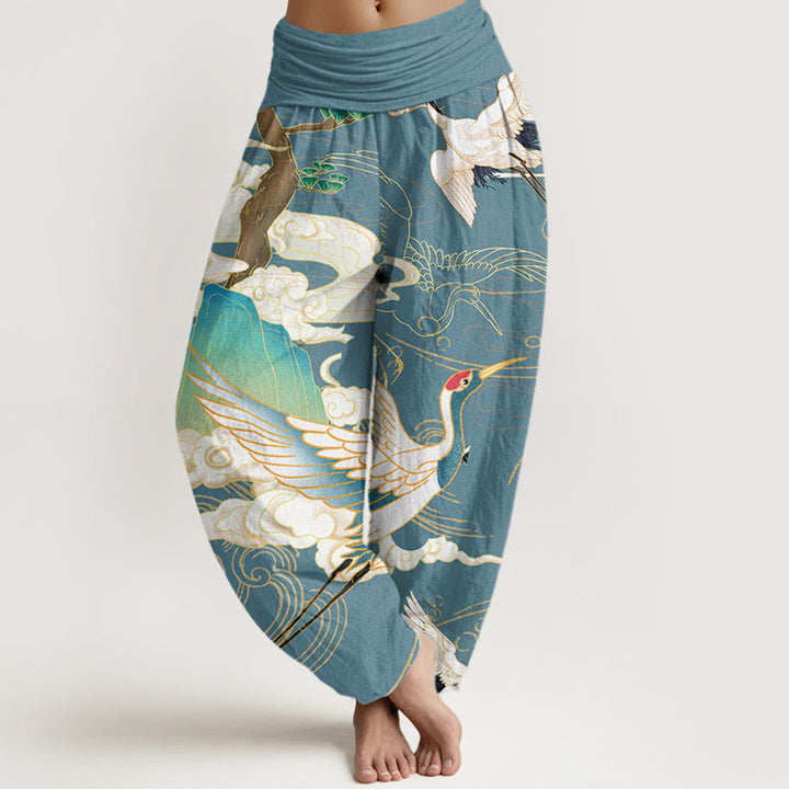 Pantalones harén de cintura elástica para mujer con diseño de grullas voladoras, árboles de nubes auspiciosas y Buddha Stones - Cadete Azul - US22，UK/AU26，EU54 (6XL) - image 8