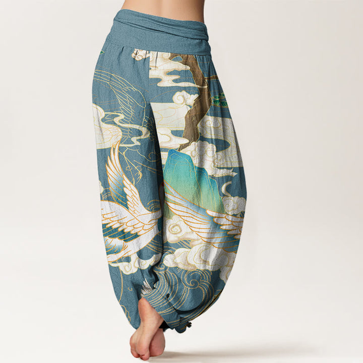 Pantalones harén de cintura elástica para mujer con diseño de grullas voladoras, árboles de nubes auspiciosas y Buddha Stones - image 10