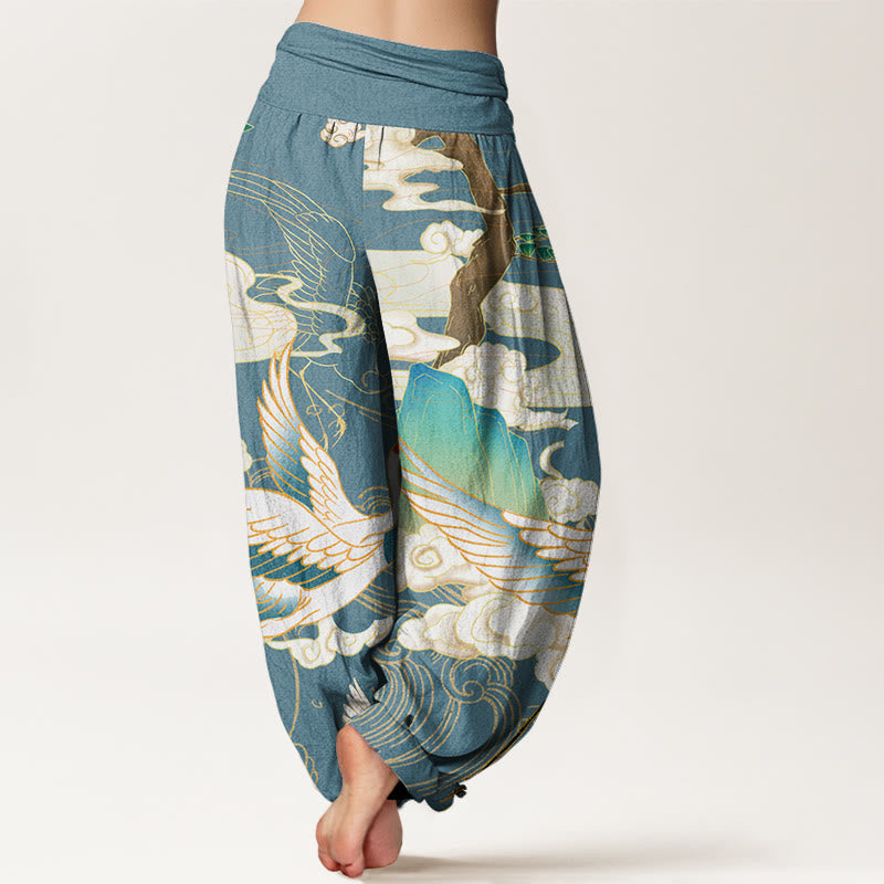 Pantalones bombachos de cintura elástica para mujer con estampado de Buddha Stones, grullas voladoras de algodón, nubes auspiciosas y árbol. - image 9