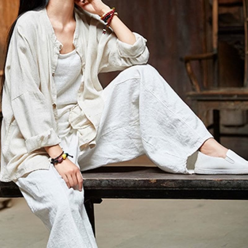 Pantalones de mujer de algodón y ramio con forro polar y cintura elástica de color liso y casual con Buddha Stones y bolsillos - image 24