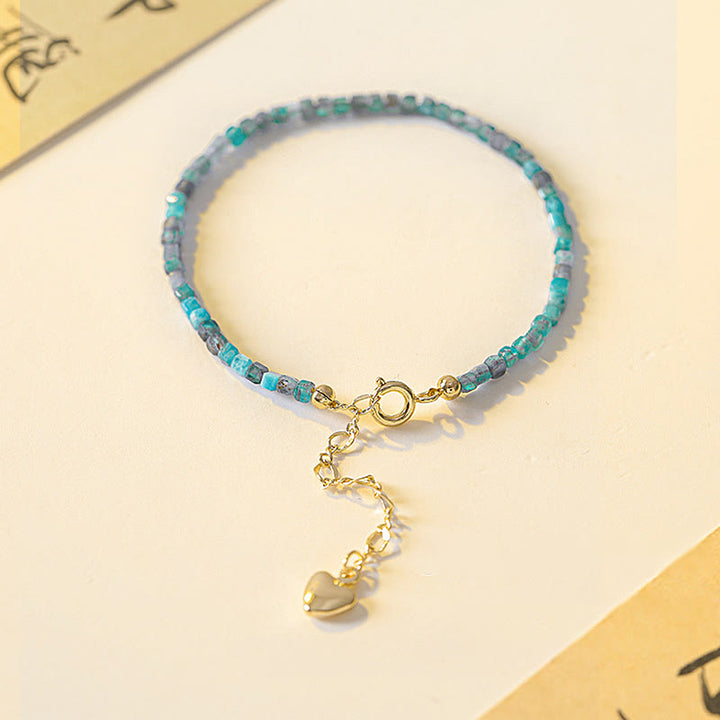 Pulsera de cobre chapada en oro de 14 k con forma de corazón y cuentas ultrafinas de apatita de 2,5 mm y piedra de Buda