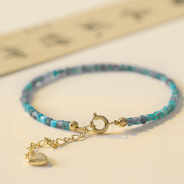 Pulsera de cobre chapada en oro de 14 k con forma de corazón y cuentas ultrafinas de apatita de 2,5 mm y piedra de Buda