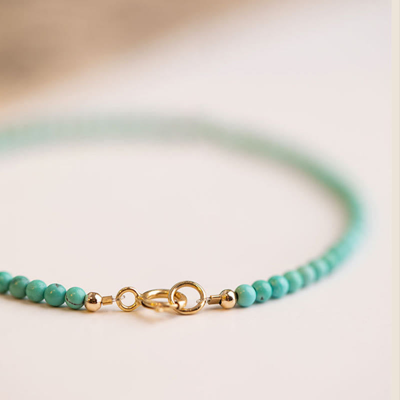 Pulsera de la sabiduría de cobre bañada en oro de 14 k con cuentas ultrafinas de turquesa de 2 mm y Buddha Stones