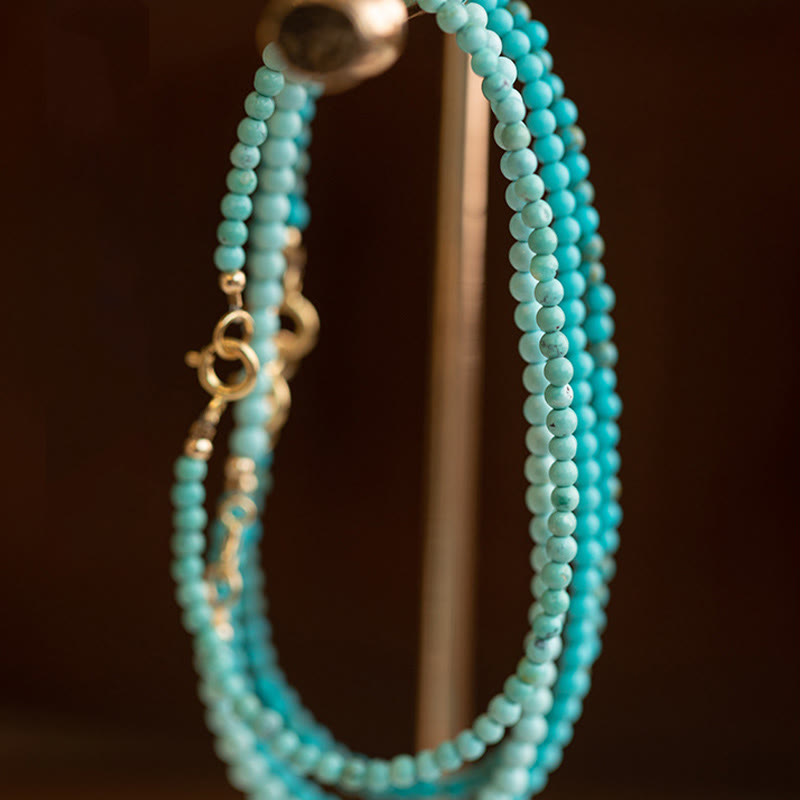Pulsera de la sabiduría de cobre bañada en oro de 14 k con cuentas ultrafinas de turquesa de 2 mm y Buddha Stones