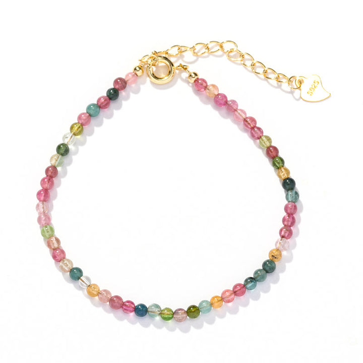 Pulsera de la sabiduría de cobre bañada en oro de 14 k con cuentas ultrafinas de turmalina multicolor de 2 mm y Buddha Stones