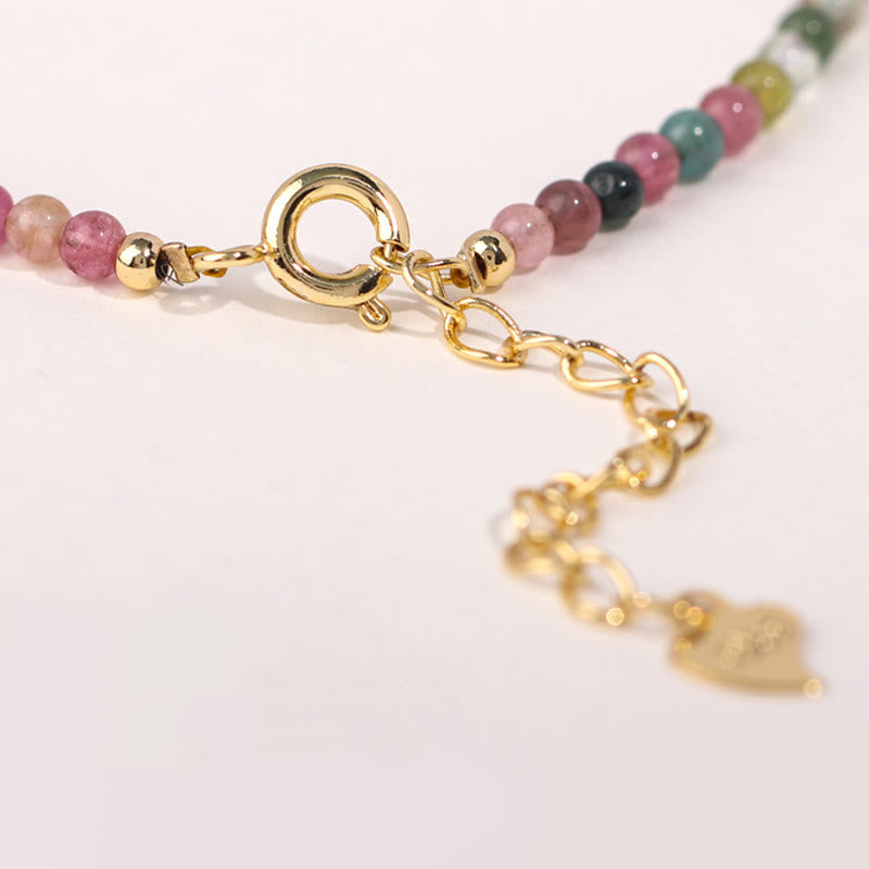 Pulsera de la sabiduría de cobre bañada en oro de 14 k con cuentas ultrafinas de turmalina multicolor de 2 mm y Buddha Stones