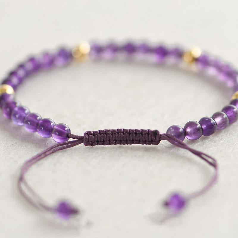 Pulsera trenzada de cuentas de cobre bañadas en oro de 14 k con amatista natural hecha a mano de 4 mm y Buddha Stones que alivia el estrés