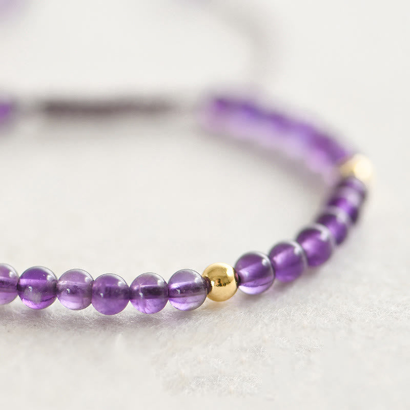 Pulsera trenzada de cuentas de cobre bañadas en oro de 14 k con amatista natural hecha a mano de 4 mm y Buddha Stones que alivia el estrés