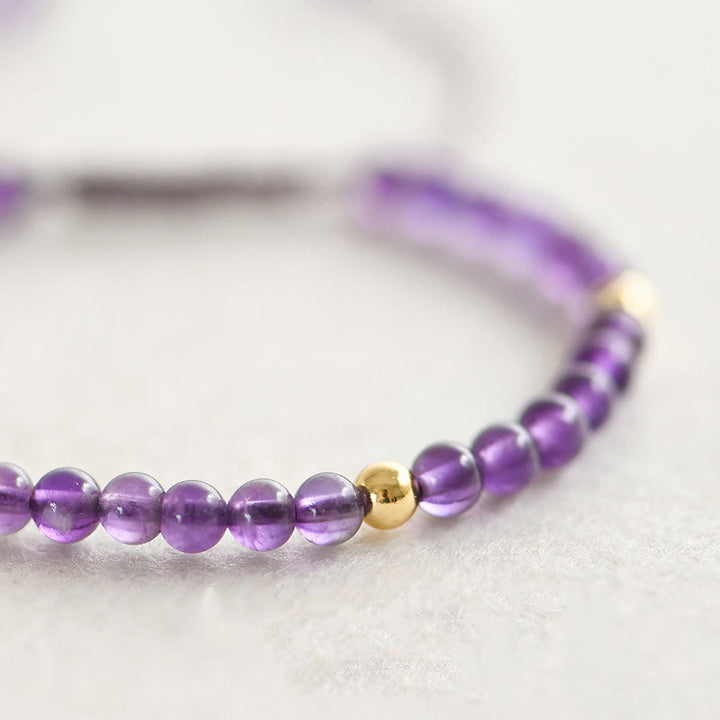 Pulsera trenzada de cuentas de cobre bañadas en oro de 14 k con amatista natural hecha a mano de 4 mm y Buddha Stones que alivia el estrés