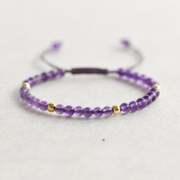 Pulsera trenzada de cuentas de cobre bañadas en oro de 14 k con amatista natural hecha a mano de 4 mm y Buddha Stones que alivia el estrés