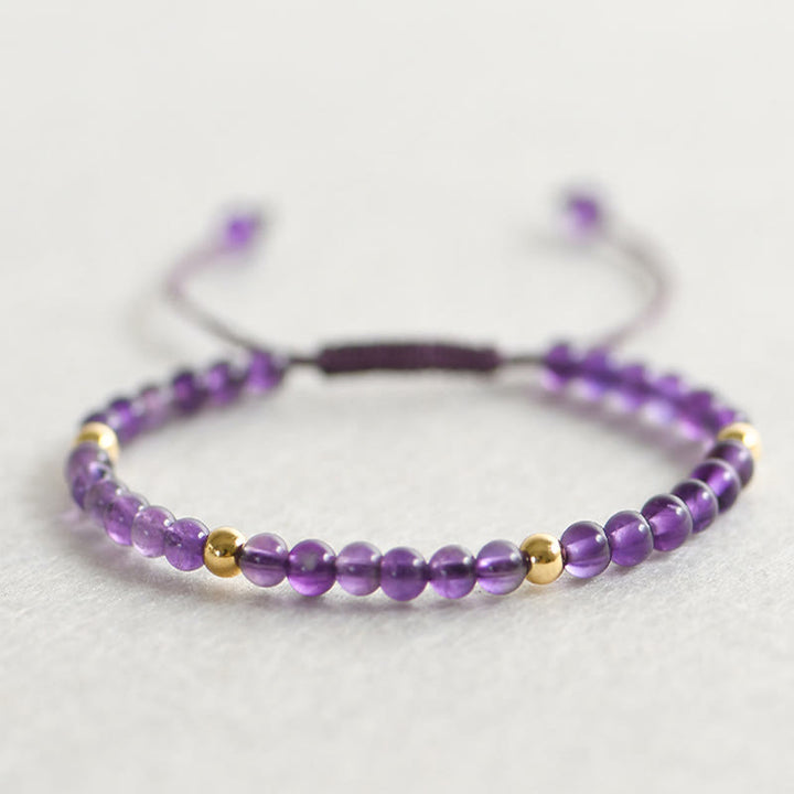Pulsera trenzada de cuentas de cobre bañadas en oro de 14 k con amatista natural hecha a mano de 4 mm y Buddha Stones que alivia el estrés