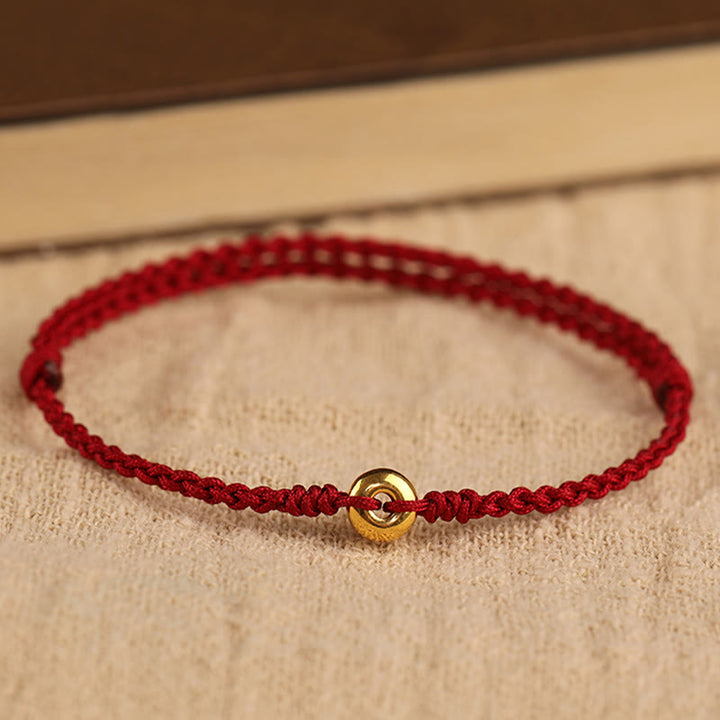 Pulsera trenzada para tobillo con hebilla de paz pequeña de oro 999 con Buddha Stones y cordón rojo para proteger la suerte