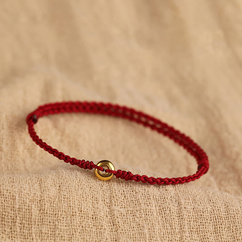 Pulsera trenzada para tobillo con hebilla de paz pequeña de oro 999 con Buddha Stones y cordón rojo para proteger la suerte - Pulsera de oro 999 (circunferencia de la muñeca 14-18 cm) - image 0