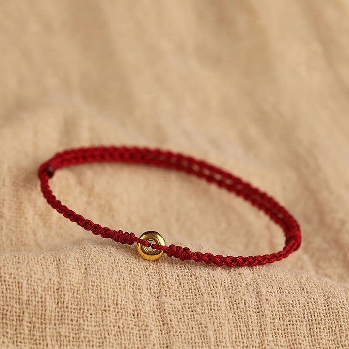 Pulsera trenzada para tobillo con hebilla de paz pequeña de oro 999 con Buddha Stones y cordón rojo para proteger la suerte - Pulsera de oro 999 (circunferencia de la muñeca 14-18 cm) - image 0
