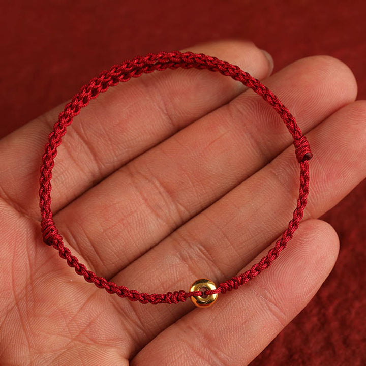 Pulsera trenzada para tobillo con hebilla de paz pequeña de oro 999 con Buddha Stones y cordón rojo para proteger la suerte