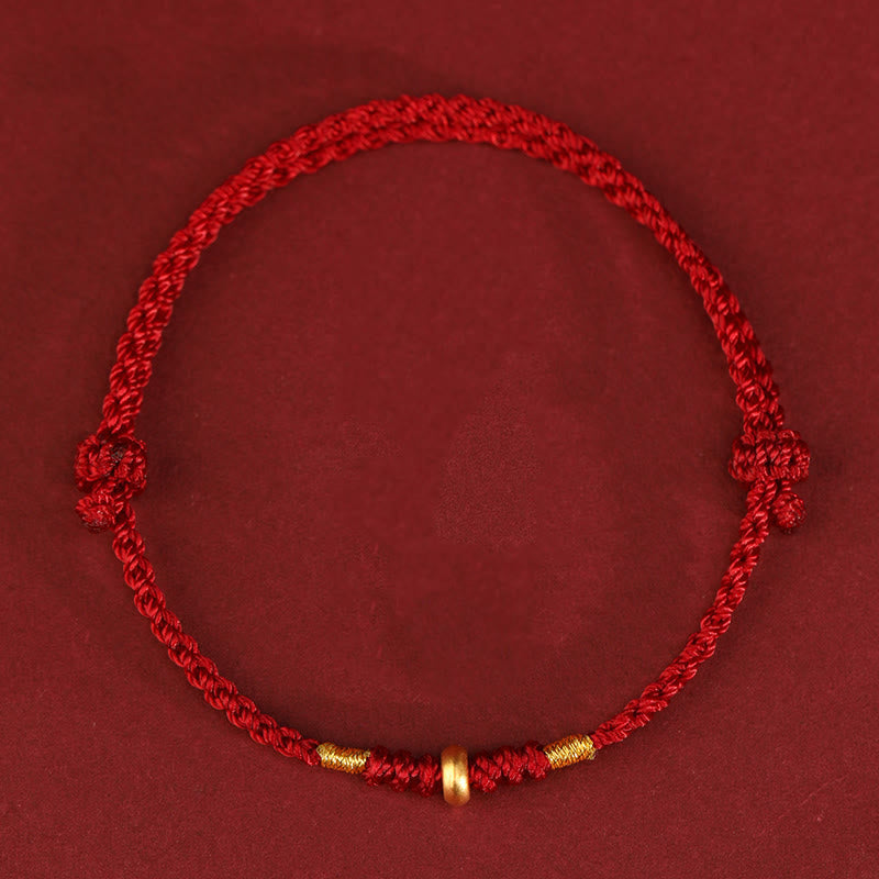 Pulsera trenzada para tobillo con pequeñas cuentas de la suerte de oro 999 y Buddha Stones - Tobillera de oro de 999 (circunferencia 19-23 cm) - Cuerda de color rojo oscuro - image 1