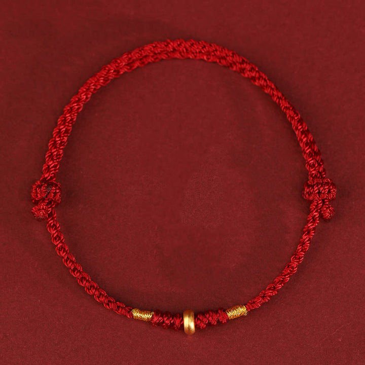 Pulsera trenzada para tobillo con pequeñas cuentas de la suerte de oro 999 y Buddha Stones - Tobillera de oro de 999 (circunferencia 19-23 cm) - Cuerda de color rojo oscuro - image 1