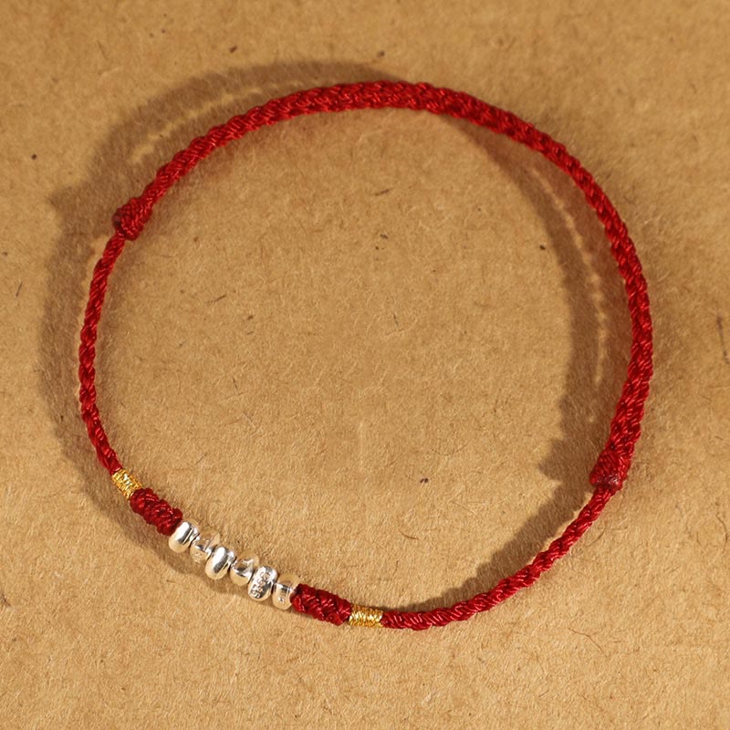 Pulsera trenzada ultrafina con hilo de plata de ley 925 y Buddha Stones para proteger la suerte - Cuerda roja oscura de plata de ley 925 - Tobillera (circunferencia 19-23cm) - image 1