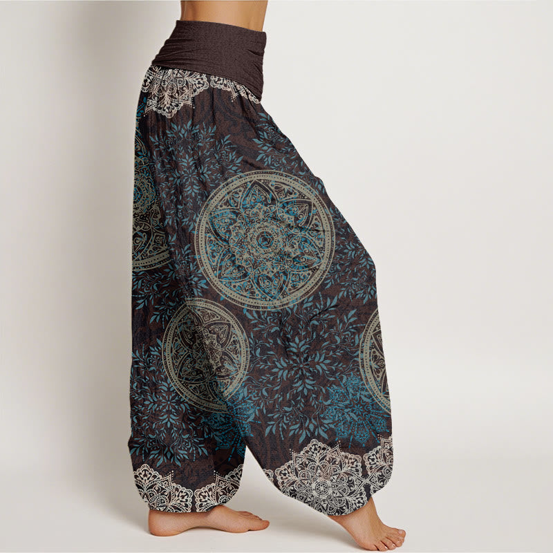 Pantalones bombachos de cintura elástica para mujer con estampado de mandala de hojas y Buddha Stones en algodón. - image 1