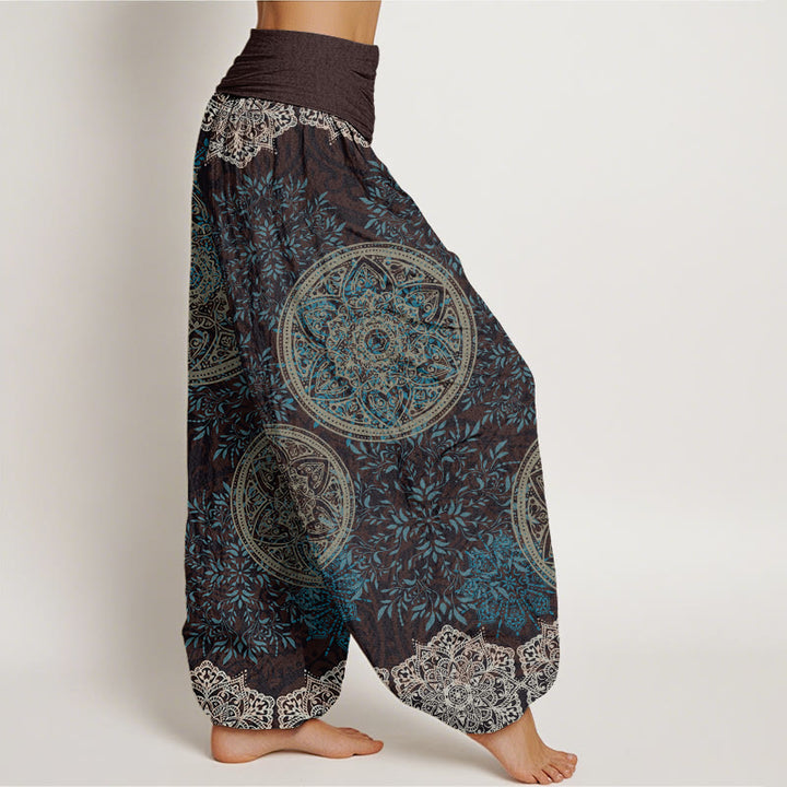 Pantalones bombachos de cintura elástica para mujer con estampado de mandala de hojas y Buddha Stones en algodón. - image 1