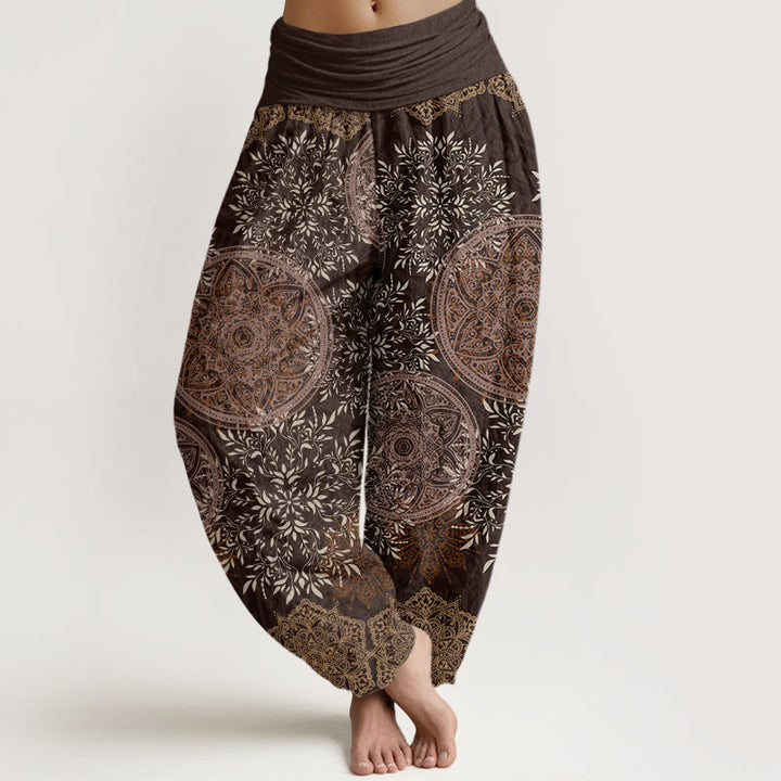 Pantalones bombachos de cintura elástica para mujer con estampado de mandala de hojas y Buddha Stones en algodón. - Marrón silla de montar - US22，UK/AU26，EU54 (6XL) - image 4