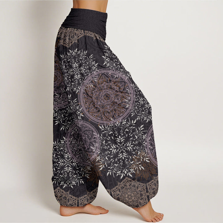 Pantalones bombachos de cintura elástica para mujer con estampado de mandala de hojas y Buddha Stones en algodón. - image 8