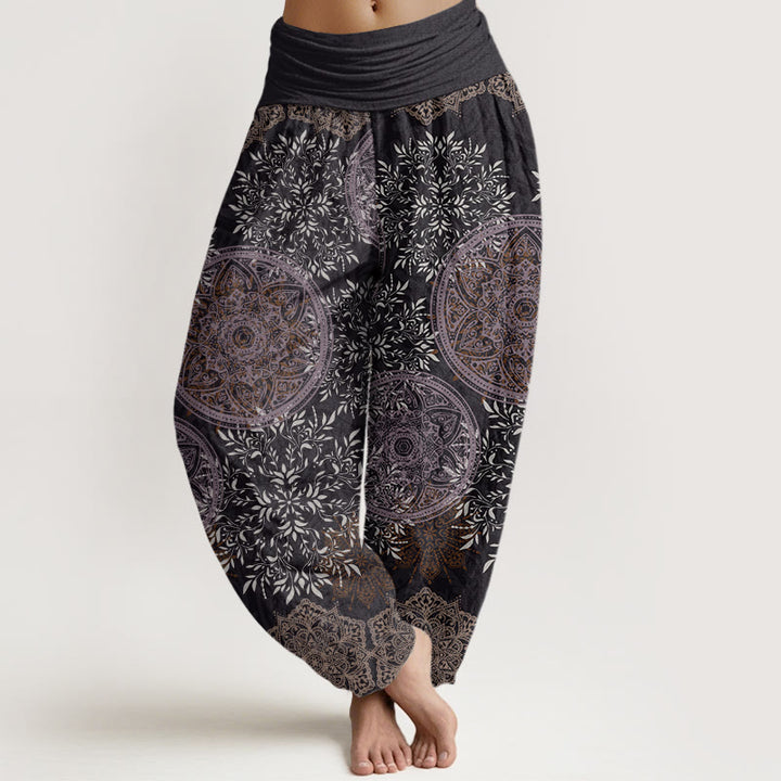 Pantalones bombachos de cintura elástica para mujer con estampado de mandala de hojas y Buddha Stones en algodón. - Gris tenue - US22，UK/AU26，EU54 (6XL) - image 7