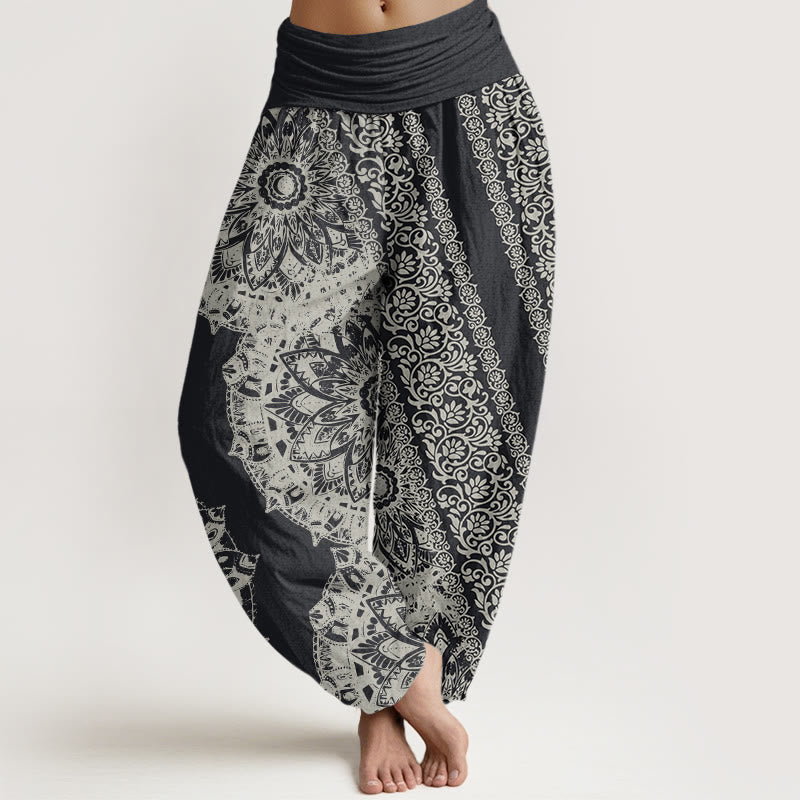 Pantalones bombachos de cintura elástica para mujer con estampado mandala de algodón con Buddha Stones y flores paralelas - Gris oscuro - US22，UK/AU26，EU54 (6XL) - image 0