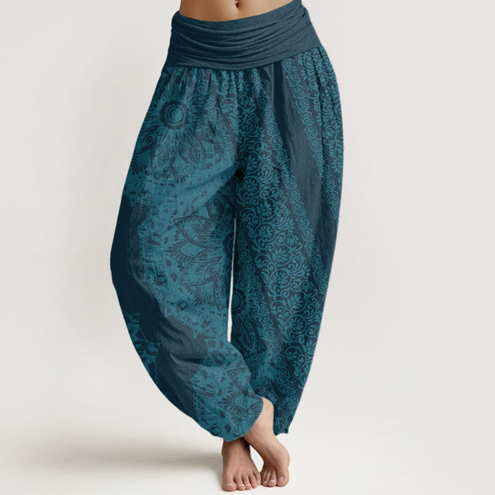 Pantalones bombachos de cintura elástica para mujer con estampado mandala de algodón con Buddha Stones y flores paralelas - cian oscuro - US22，UK/AU26，EU54 (6XL) - image 4