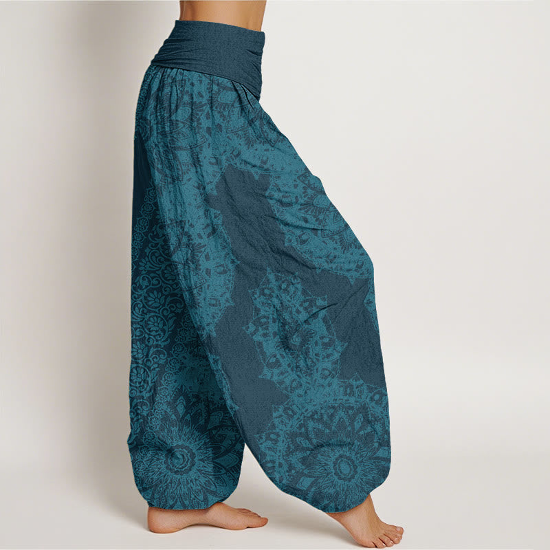 Pantalones bombachos de cintura elástica para mujer con estampado mandala de algodón con Buddha Stones y flores paralelas - image 5