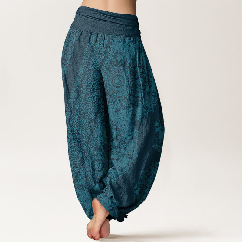 Pantalones bombachos de cintura elástica para mujer con estampado mandala de algodón con Buddha Stones y flores paralelas - image 6