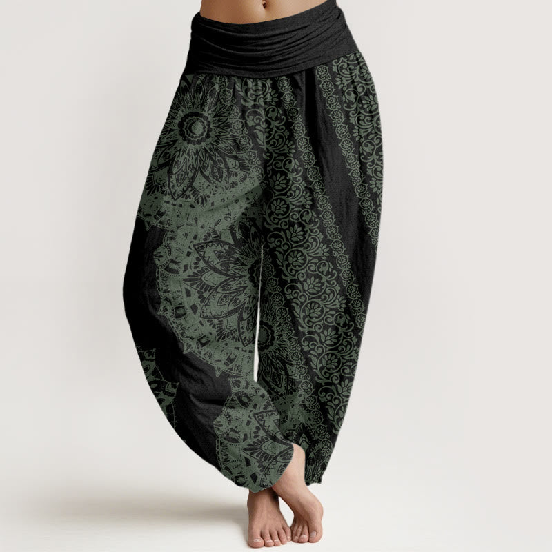 Pantalones bombachos de cintura elástica para mujer con estampado mandala de algodón con Buddha Stones y flores paralelas - Negro - US22，UK/AU26，EU54 (6XL) - image 7