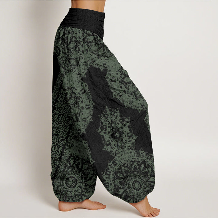 Pantalones bombachos de cintura elástica para mujer con estampado mandala de algodón con Buddha Stones y flores paralelas - image 8