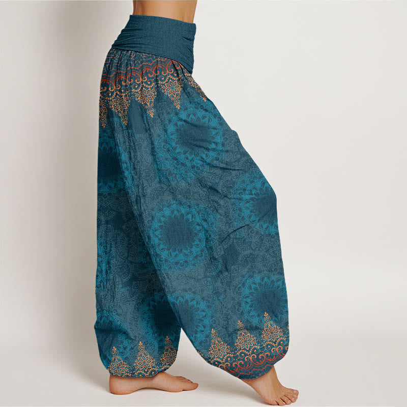 Pantalones bombachos de cintura elástica para mujer con estampado de mandalas triangulares de algodón y Buddha Stones - image 1