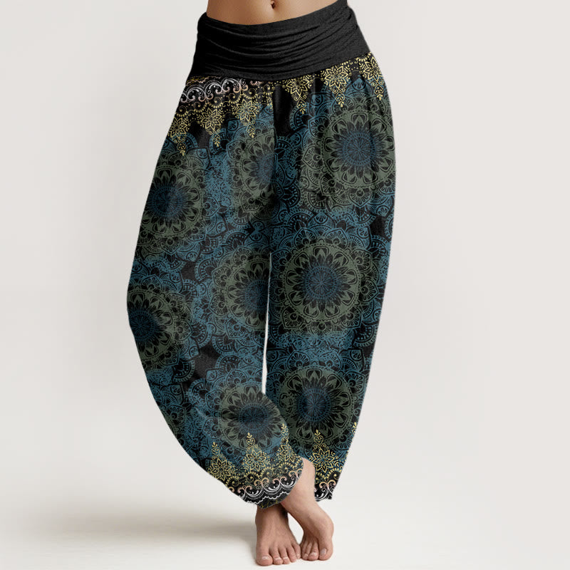 Pantalones bombachos de cintura elástica para mujer con estampado de mandalas triangulares de algodón y Buddha Stones - Negro - US22，UK/AU26，EU54 (6XL) - image 7