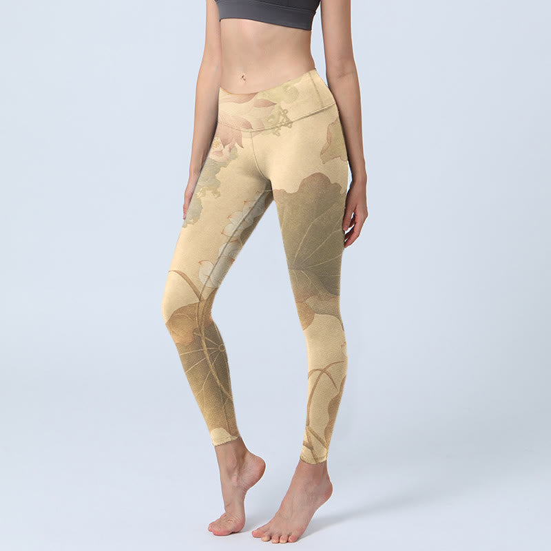 Leggings de yoga para mujer con estampado de hojas, flores de loto y piedras de Buddha Stones - Vara de oro pálida - US18，UK/AU22，EU50 (4XL) - image 1