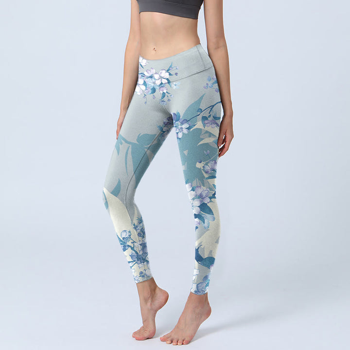 Leggings de yoga para mujer con estampado de flores blancas y azules y Buddha Stones - Azul claro - US18，UK/AU22，EU50 (4XL) - image 1