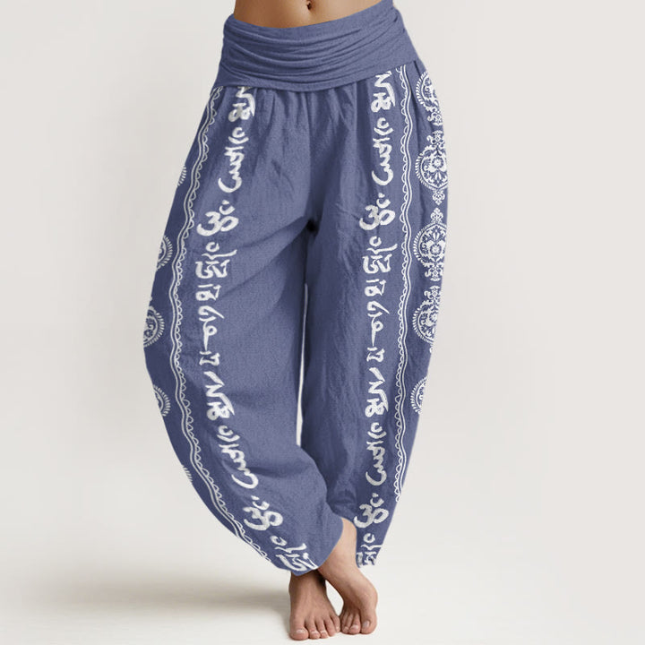 Pantalón tipo harem de cintura elástica para mujer con mandala de algodón con Buddha Stones Om Mani Padme Hum - Azul acero - US22，UK/AU26，EU54 (6XL) - image 0