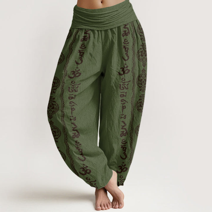 Pantalón tipo harem de cintura elástica para mujer con mandala de algodón con Buddha Stones Om Mani Padme Hum - Verde oliva oscuro - US22，UK/AU26，EU54 (6XL) - image 4