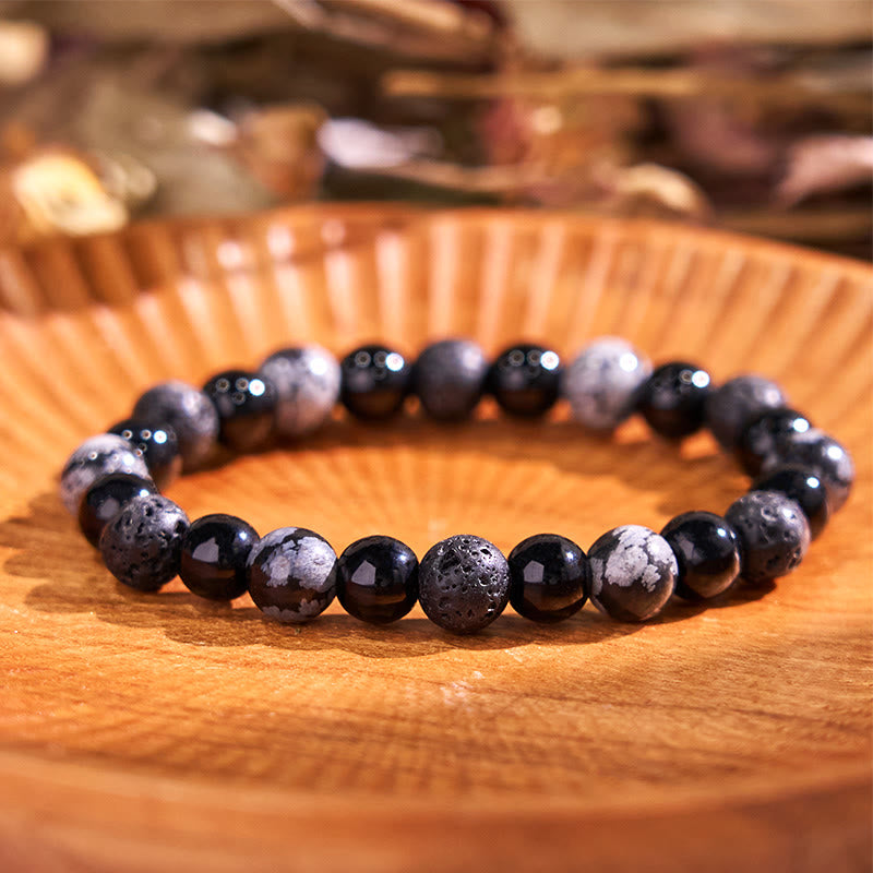 Pulsera de la calma con piedra de Buda, varios cristales, malaquita, lazurita, lapislázuli y hemimorfita. - Cuentas de vidrio negro con forma de copo de nieve, obsidiana y roca volcánica (circunferencia de la muñeca: 14-16 cm) - image 161