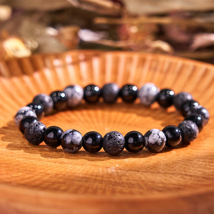 Pulsera de la calma con piedra de Buda, varios cristales, malaquita, lazurita, lapislázuli y hemimorfita. - Cuentas de vidrio negro con forma de copo de nieve, obsidiana y roca volcánica (circunferencia de la muñeca: 14-16 cm) - image 161