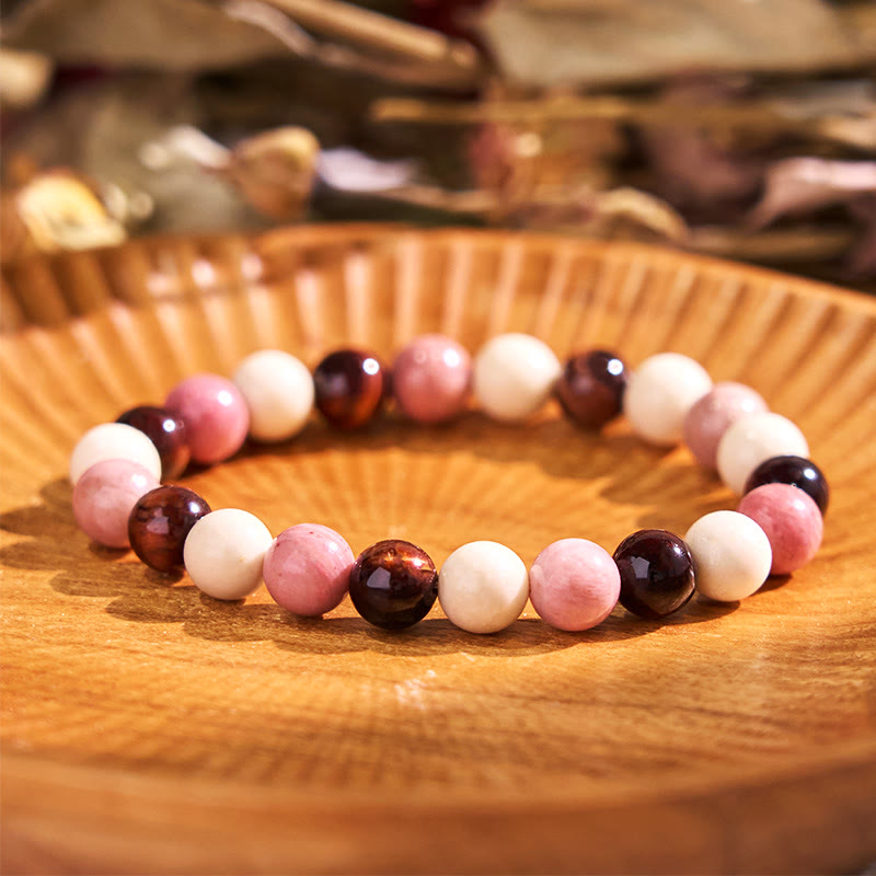 Pulsera de la calma con piedra de Buda, varios cristales, malaquita, lazurita, lapislázuli y hemimorfita. - Ojo de tigre rojo, piedra blanca, rodonita (circunferencia de la muñeca: 14-16 cm) - image 164
