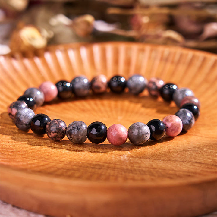 Pulsera de la calma con piedra de Buda, varios cristales, malaquita, lazurita, lapislázuli y hemimorfita. - Piedra de rodonita negra brillante con cuentas de vidrio negro (circunferencia de la muñeca: 14-16 cm) - image 162
